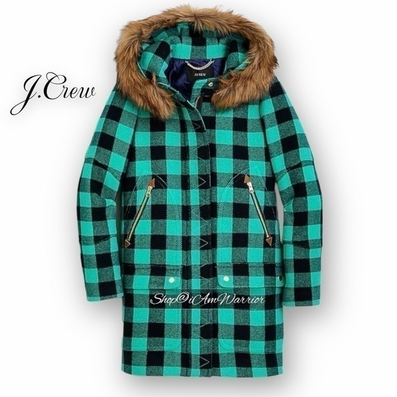 J.Crew NWT green/black buffalo plaid faux fur hooded parka *shop@iamwarrior - Picture 2 of 10